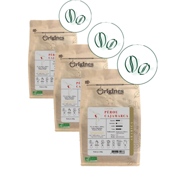 Origines Tea&Coffee Cafè En Grains - Pérou Cajamarca - 250G - Pack 3 × Grains Pochette 250 g
