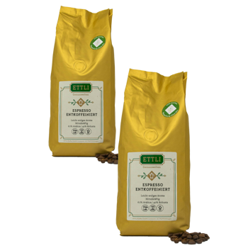 ETTLI Kaffee Café En Grains - Espresso Décaféiné - 1Kg - Pack 2 × Grains Pochette 1 kg