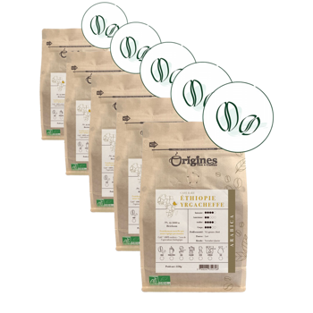 Gemahlener Kaffee - Ethiopie Yragcheffe - 250g - Pack 5 × Mahlgrad Filter Beutel 250 g