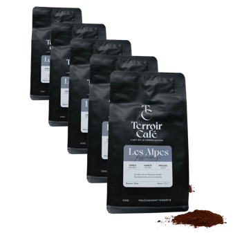 Gemahlener Kaffee - Die Alpen-Zusammenstellung - 250g - Pack 5 × Mahlgrad Filter Beutel 250 g