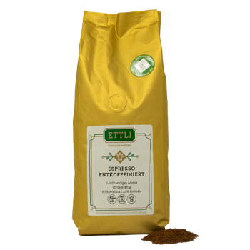 Gemahlener Kaffee - Espresso entcoffeiniert - 1kg - Mahlgrad Moka Beutel 1 kg