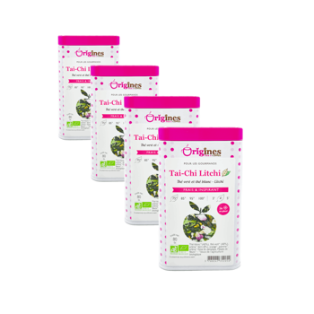 Tè Bianco Bio in Scatola di Metallo - Tai-Chi Litchi Chine -  80g - Pack 4 × Scatola di metallo 80 g