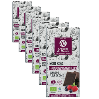 Chocolat Noir 80% au sucre de fleur de Coco, Framboise et Myrtille, 100g - Pack 6 × Tablette 100 g