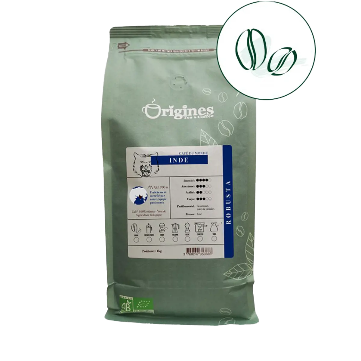 Origines Tea&CoffeeCafe Moulu Inde 1Kg Moulu Filtre - 1 Kg by Origines Tea&Coffee