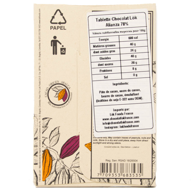 Secondo immagine del prodotto ALIANZA Cioccolato Monorigine Arauca 78 % (x3) by LÖK FOODS