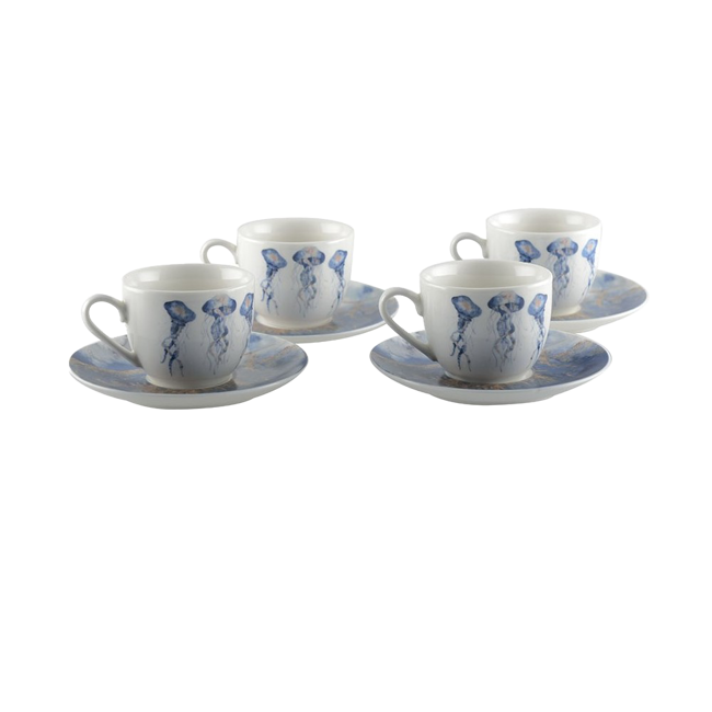 Kaffeetasse und Untertasse mit Quallenmotiv - 4er-Set by Aulica