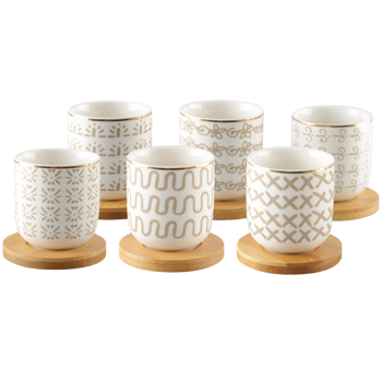 Kaffeetassen Geometrisch mit Untertassen aus Holz 90ml - 6er-Set - 