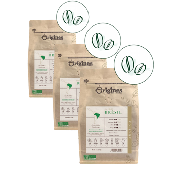 Origines Tea&Coffee Cafè En Grains - Brésil - 250G - Pack 3 × Grains Pochette 250 g
