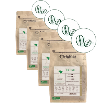Origines Tea&Coffee Cafè En Grains - Brésil - 250G - Pack 4 × Grains Pochette 250 g