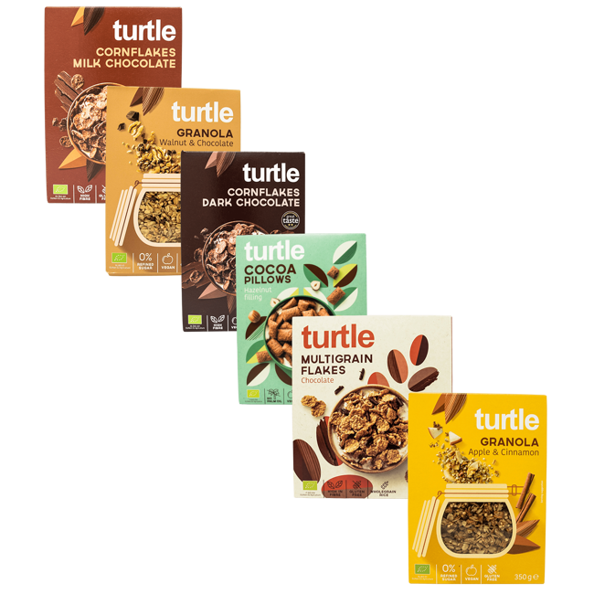 Pack scoperta 6: Multigrano cioccolato fondente, Cornflakes cioccolato fondente, Cornflakes cioccolato al latte, Cereali ripieno nocciola, 2x Granola by Turtle
