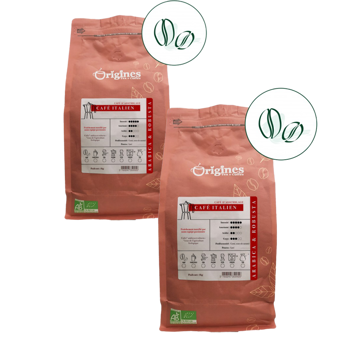 Origines Tea&Coffee Cafè En Grains - Café Italien - 1Kg - Pack 2 × Grains Pochette 1 kg