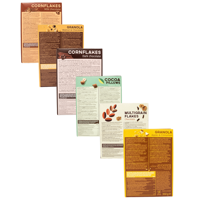 Secondo immagine del prodotto Pack scoperta 6: Multigrano cioccolato fondente, Cornflakes cioccolato fondente, Cornflakes cioccolato al latte, Cereali ripieno nocciola, 2x Granola by Turtle