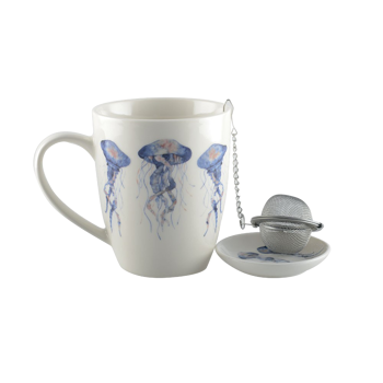 Set aus Tasse, Schalen und Tee-Ei mit Quallenmotiv - 