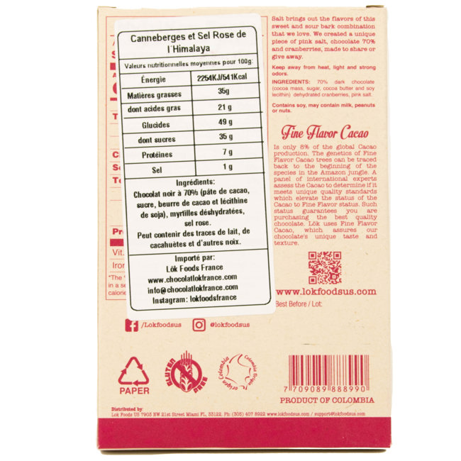 Deuxième image du produit Chocolat noir 70 % : canneberges & sel rose de l’Himalaya by LÖK FOODS