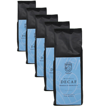 Caffè macinato - Miscela Decaf ad acqua - Moka 250 g - Pack 5 × Macinatura Moka Bustina 250 g