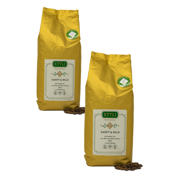ETTLI Kaffee Café En Grains - Douceur Et Légèreté Avec Caféine - 1Kg - Pack 2 × Grains Pochette 1 kg