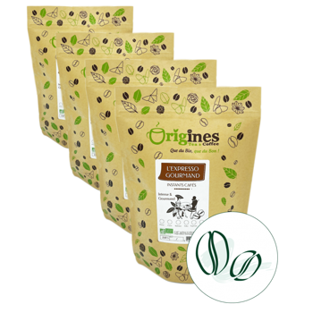 Origines Tea&Coffee Cafè En Grains - L'Expresso Gourmand - 250G - Pack 4 × Grains Pochette 250 g