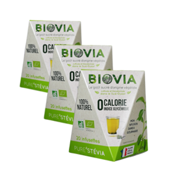 BIOVIA Infusettes de coupe de feuilles de Stévia BIO Française x 20 - Pack 3 × Bustine di te 20 g