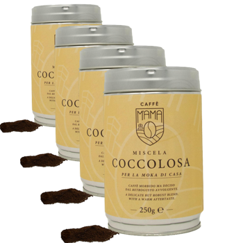 Caffè macinato- Miscela Coccolosa - Moka 250 g - Pack 4 × Macinatura Moka Scatola di metallo 250 g