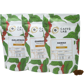 Coffee of the world box: Hawaii Kona, Giamaica Blue Mountain, Galapagos San Cristobal Bio - Espresso/Moka - Pacco di degustazione 750 g