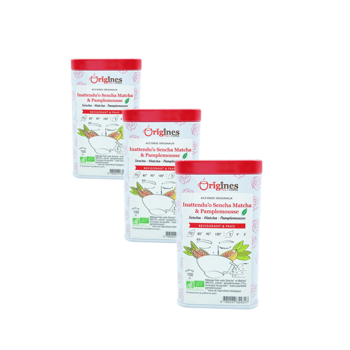 Grüner Tee Bio Metall-Box - Inattendu'o Sencha Matcha & Pamplmousse Japan - 100g - Pack 3 × Metall-Box 100 g