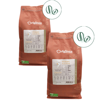 Origines Tea&Coffee Cafè En Grains - Pérou Cuzco - 1Kg - Pack 2 × Grains Pochette 1 kg